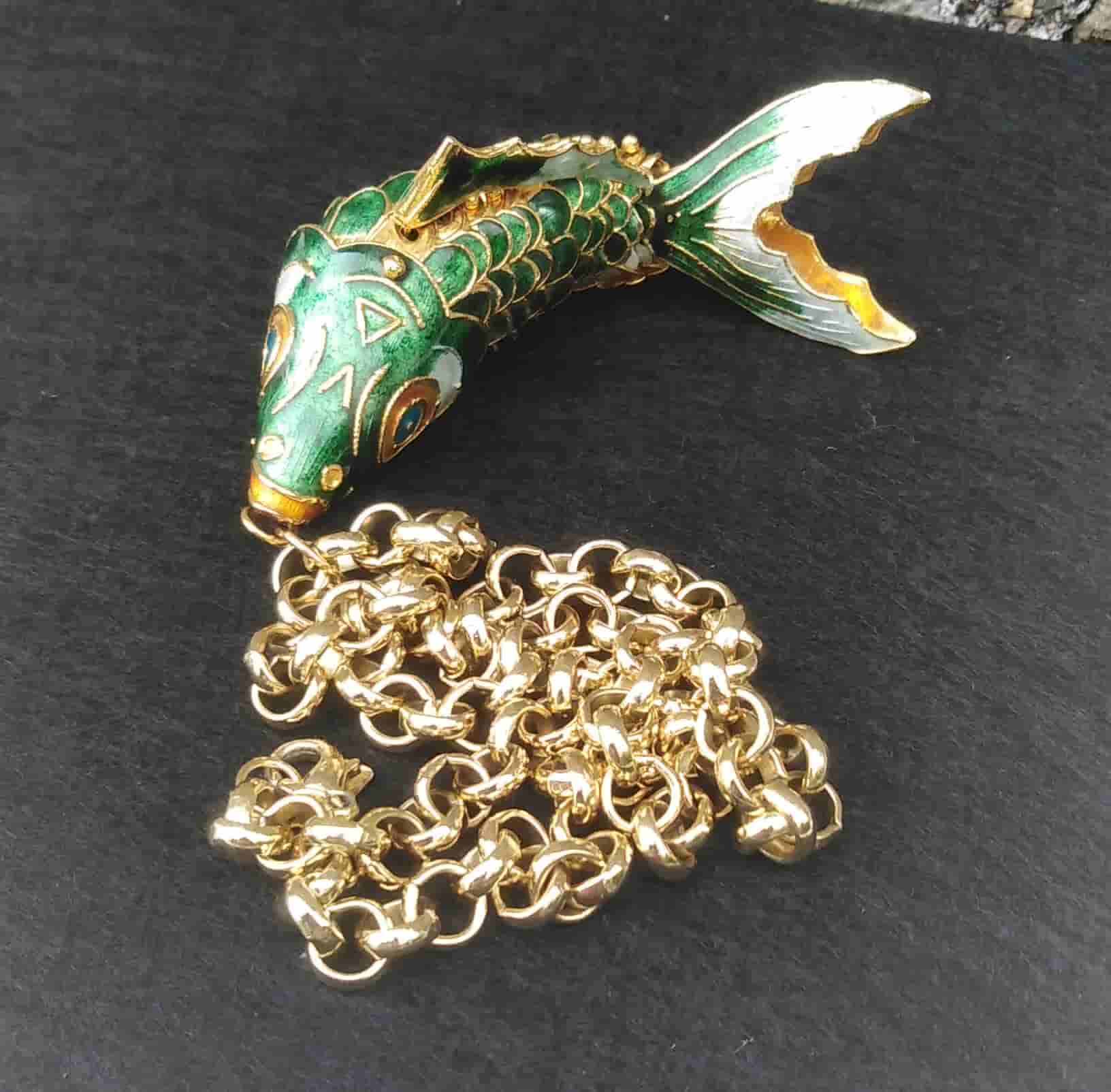 Oversized Vintage 1970s Articulated Cloisonné Fish Statement Necklace | Huge 4” Koi Pendant, 18” Heavy Gold Plated Chain